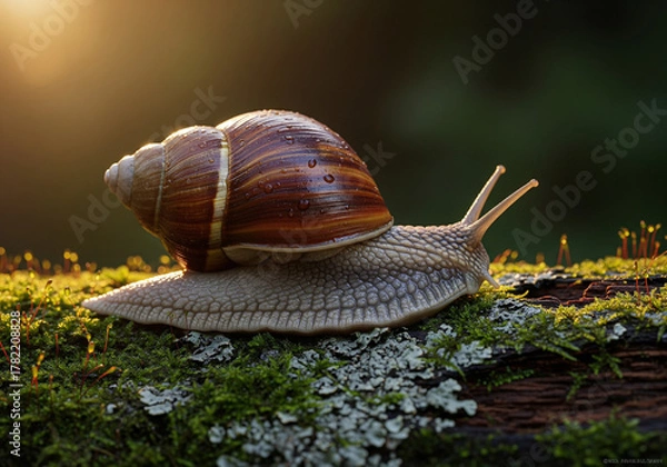 Obraz Garden Snail on Mossy Log in Sunlight