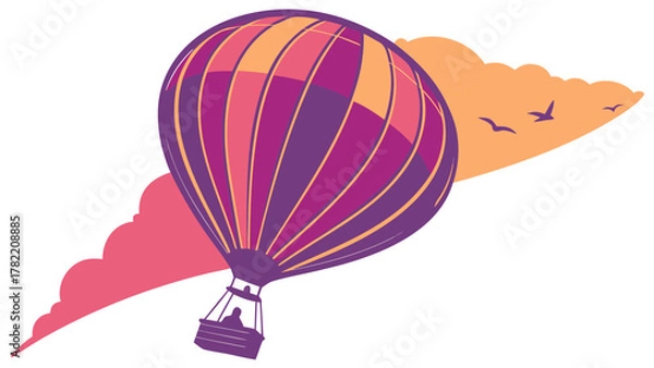 Fototapeta Soaring High: The artwork showcases a vibrantly colored hot air balloon, floating against a backdrop of stylized clouds and a flock of birds, painted in bold hues to convey the freedom of flight.