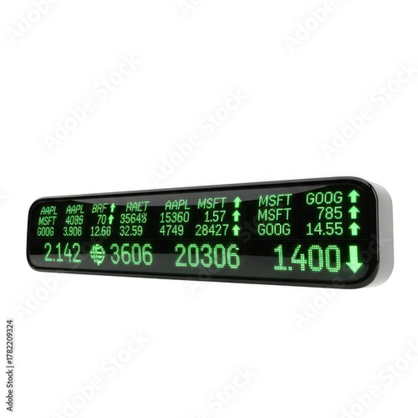 Obraz Digital Stock Market Ticker Display with Green LED Lights and Stock Symbols image (338 isolated on a transparent background