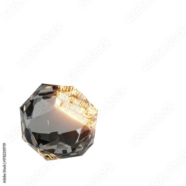Obraz Faceted crystal with glowing binary code reflecting on its surface against a background diamond isolated on a transparent background