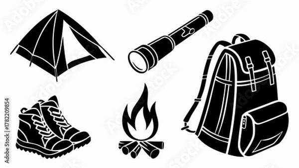 Fototapeta Essential Camping Kit: An organized display of camping essentials, featuring a tent, telescope, backpack, hiking boots, and a campfire. 