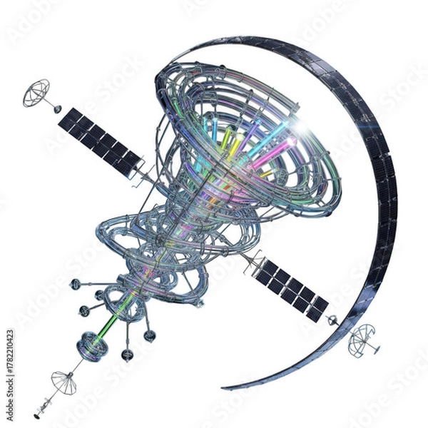 Obraz Futuristic 3D Sci- Fi Space Station with Solar Panels and Colorful Energy Beams Keywords: space station, futuristic, sci-fi, 3d, render, satellite, solar panels isolated on a transparent background