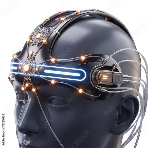 Obraz Futuristic 3D Headset with Glowing Lights and Wires on a Dark Mannequin Head technology science fiction isolated on a transparent background