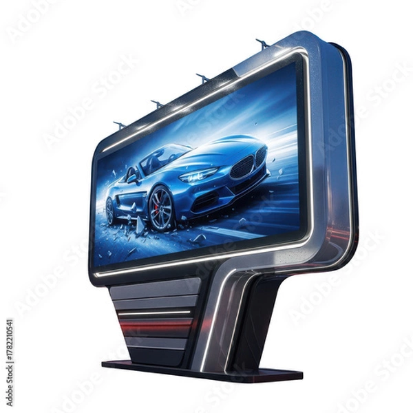 Obraz Futuristic Billboard Displaying a Blue Sports Car in Motion with Shattered Effect on Background isolated on a transparent background