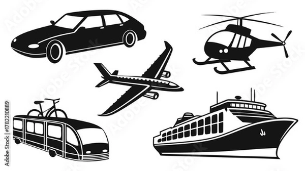 Fototapeta Transport Icons in Monochrome: A collection of various transport icons in monochrome, representing different modes of transportation, ideal for various design purposes.