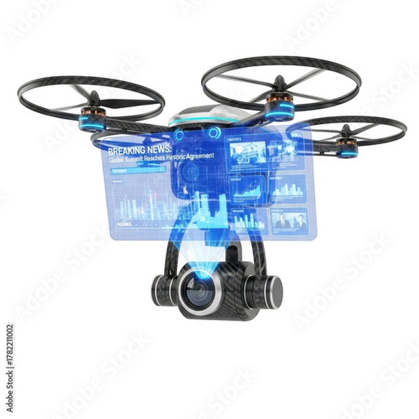 Obraz Futuristic drone with holographic screen displaying news and financial data quadcopter aerial vehicle isolated on a transparent background