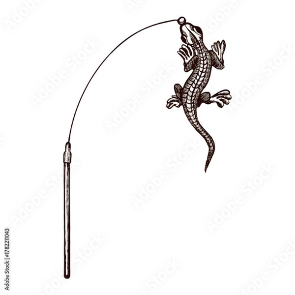 Obraz Cat toy fishing rod with igguana. Vector image drawn in graphics.