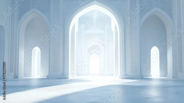 Obraz Soft white blue Ramadan Kareem background with a mosque arch in a white mosque during Ramadan Kareem.