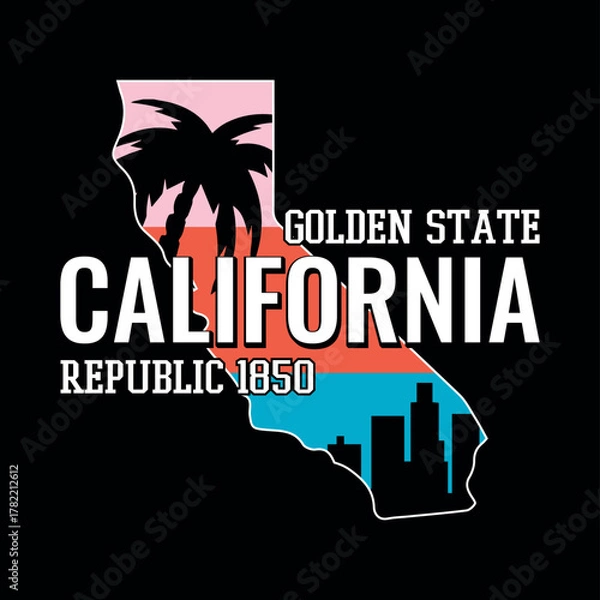 Fototapeta California republic golden state map outline with palm trees and city skyline