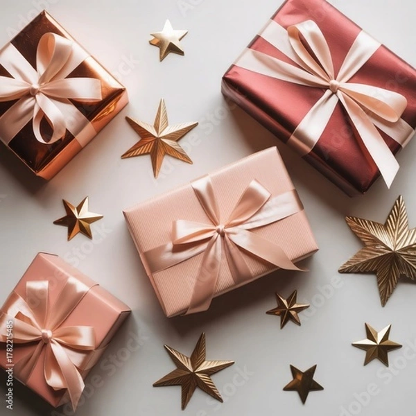 Obraz Elegant Christmas Gift Boxes with Golden Stars and Ribbons | Luxury Holiday Present Wrapping Inspiration