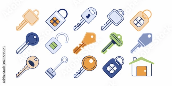 Fototapeta Collection of various flat design keys and locks with a house icon symbolizing home ownership and security