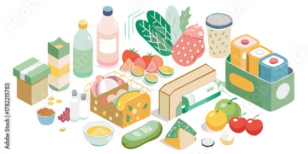 Fototapeta A colorful isometric illustration of a variety of fresh groceries and packaged food items arranged on a black background
