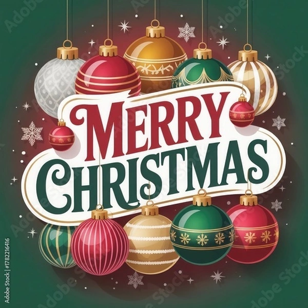 Obraz Festive Merry Christmas Greeting with Colorful Ornaments and Holiday Cheer