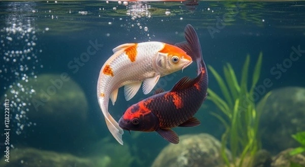 Fototapeta Two colorful koi fish swimming in clear water, forming an elegant yin-yang shape