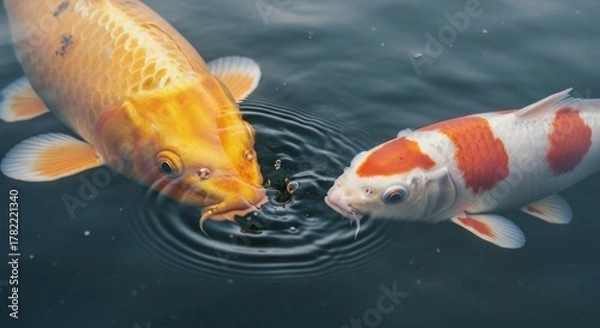 Obraz Two koi fish, one yellow and one white with red spots, swimming in dark water