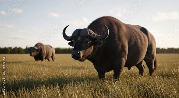 Obraz Two large, dark buffalos graze in a sunlit field of tall grass, with trees in the distance