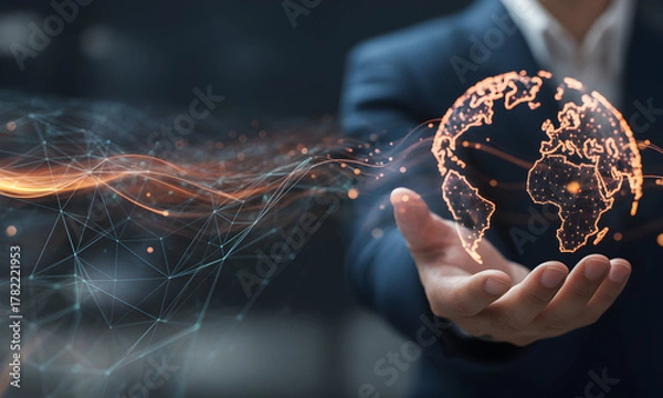 Fototapeta Global connection concept with digital earth in hand, ideal for tech, business, or international marketing campaigns, showcasing modern innovation