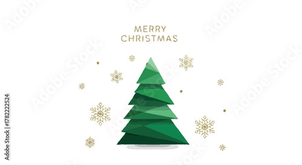 Fototapeta Minimalist Merry Christmas Card with Geometric Tree and Gold Snowflakes