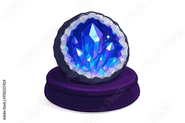 Fototapeta Luminous blue and purple crystal geode resting on a velvet cushion isolated on a white background
