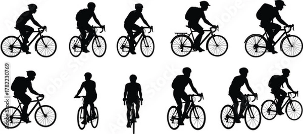 Fototapeta Cyclist silhouette vector set, bicycle rider illustration, sports activity design, urban transportation lifestyle scene, fitness commuting exercise flat vector