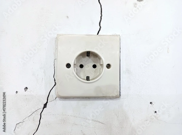 Fototapeta Old European electrical outlet on a damaged, cracked white wall, symbolizing danger and urgent need for repair.