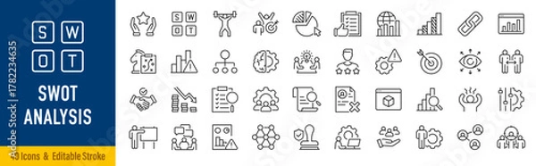 Fototapeta SWOT analysis web icons in line style. Strengths, planning, weaknesses, opportunities, strategy, business, strategy. Editable stroke. Vector illustration.