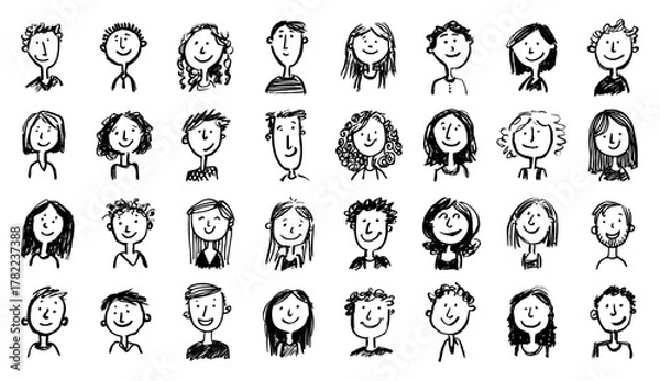 Obraz Avatar doodle set. Avatars drawing sketch, face childish funny hand-drawn linear minimalist person vector illustration