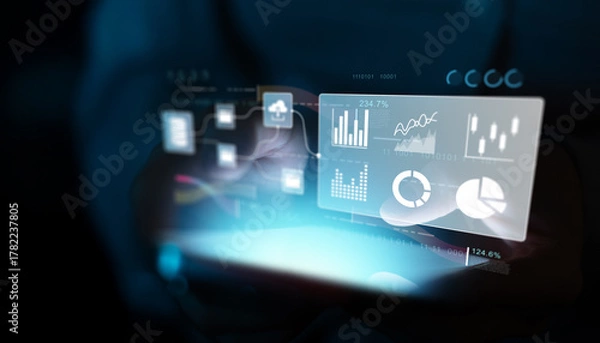 Obraz Interactive Data Analytics Dashboard and Cloud Integration Displayed on Tablet Screen.