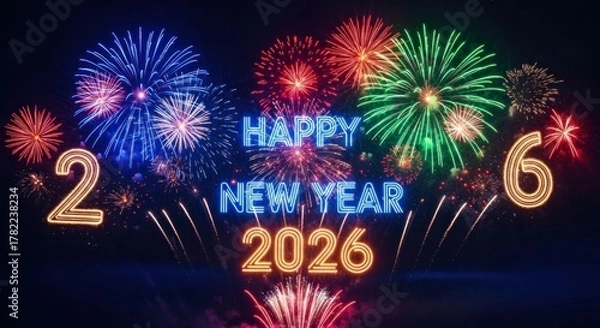 Fototapeta Vibrant fireworks burst over "Happy New Year 2026" text on a dark background