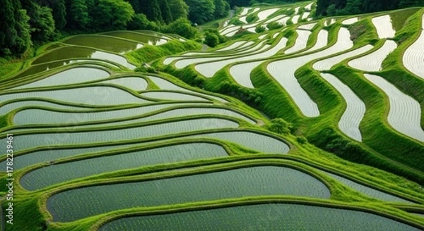 Obraz Vivid terraced rice paddies reflecting sky, surrounded by lush greenery