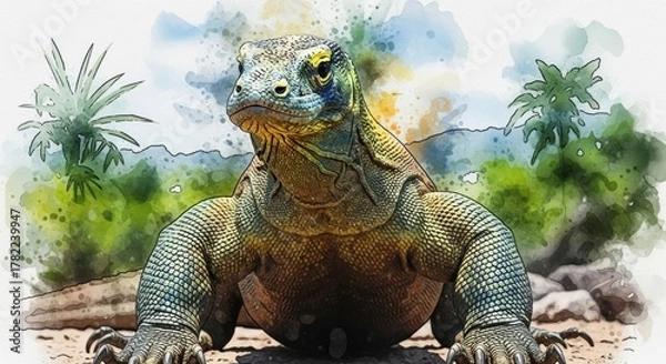 Obraz Watercolor illustration of a Komodo dragon, frontal view, with foliage and mountain backdrop