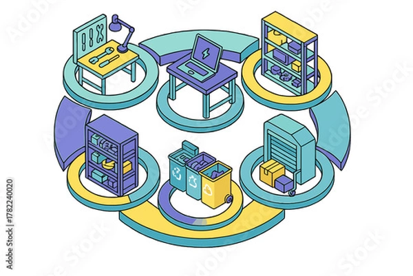 Fototapeta Isometric workflow diagram of product lifecycle management including repair, storage, and waste disposal
