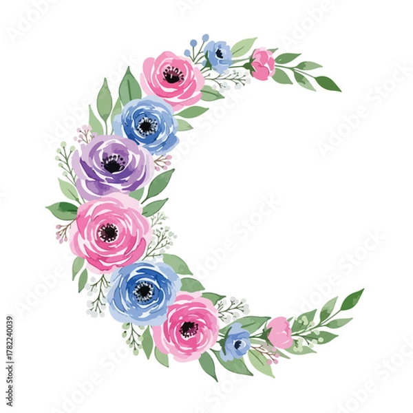 Obraz Elegant Floral Vector Illustration for Wedding Design Featuring Pink Purple and Blue Roses with Green Leaves in Organic Style