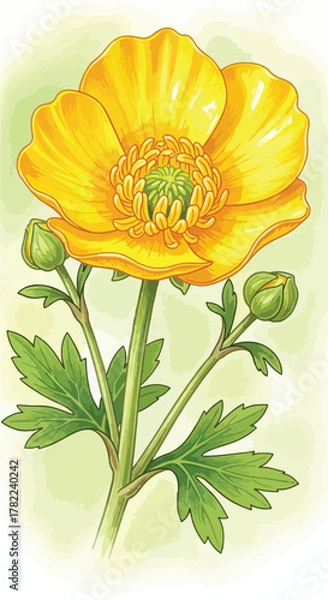 Fototapeta Vector Illustration of Yellow Poppy Flower with Green Leaves in Modern Botanical Style for Floral Design and Nature Artwork
