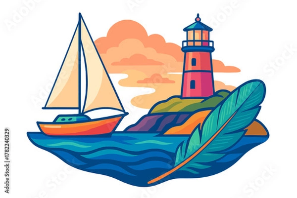 Fototapeta Colorful coastal scene with a sailing boat, lighthouse on a cliff, and a prominent feather in the foreground