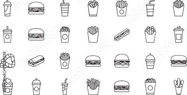 Fototapeta Fast Food Icons Collection in Black and White Line Art