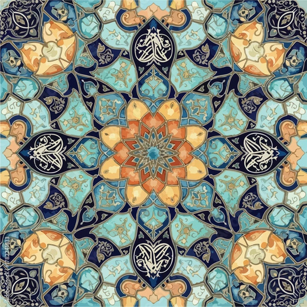 Fototapeta Islamic Geometric Pattern Vector Illustration with Symmetrical Floral and Star Elements in Blue and Orange Tones