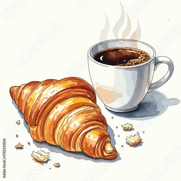 Fototapeta Vector Illustration of Coffee and Croissant in Realistic Style with Warm Color Palette for Food Beverage Design