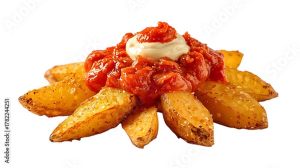 Obraz Crispy potatoes topped with spicy red sauce and aioli.