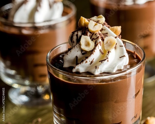 Fototapeta Close-up of a rich chocolate mousse topped with whipped cream, nuts, and chocolate shavings — a perfect gourmet dessert treat.