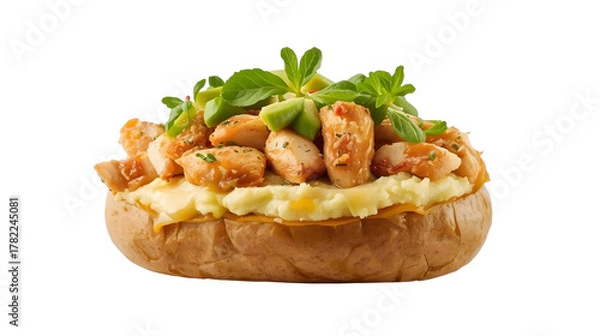Obraz Delicious baked potato stuffed with shrimp and fresh herbs.