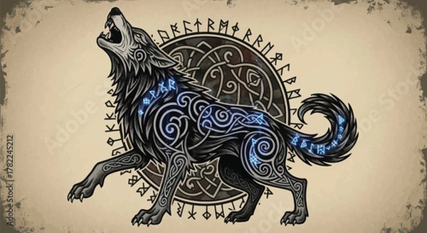 Obraz Viking wolf howling under runic circle, a striking symbol of Norse mythology and wild spirit, perfect for fantasy art or historical designs