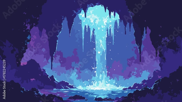 Fototapeta Electric grotto — cavern of crystalline stalactites dripping neon droplets into a black pool, palette: electric blue, violet, onyx, no people