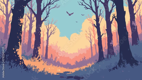 Fototapeta Chrome petrified forest — glassy fossil trunks under a pixel-sky with floating data-motes, palette: chrome, amber, slate, no people