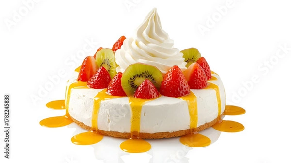 Obraz A crunchy meringue base topped with whipped cream, strawberries, kiwi and strawberries