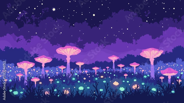 Fototapeta Biolume fungal plain — field of luminescent fungi forming a glowing carpet under a violet sky, palette: neon green, lavender, black, no people