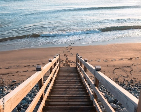 Fototapeta Inviting wooden steps descend to a serene beach with gentle waves and footprints leading towards the tranquil ocean at sunrise.