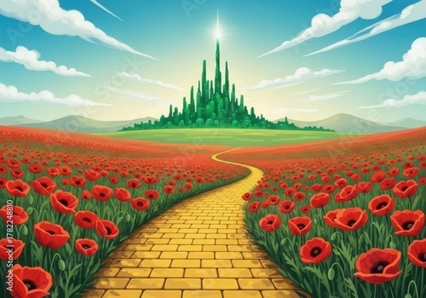 Obraz Winding golden path through a vibrant red poppy field towards a glittering green city fantasy world