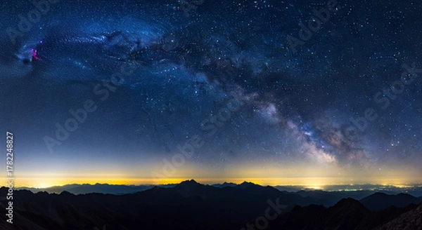 Fototapeta Breathtaking panoramic view of the cosmic Milky Way arching majestically over a dark mountain range at twilight, with a lone observer witnessing the ethereal starry spectacle