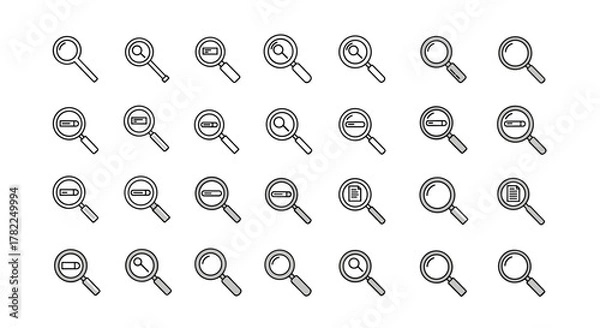 Fototapeta Magnifying glass icon set vector illustration, a collection of search icons with ordered line icons on a white background, representing various search functionalities and data analysis tools, perfect